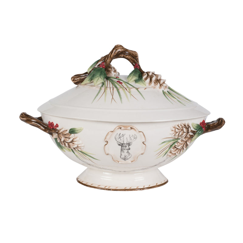 White ceramic soup tureen with lid, forest pine and deer medallion, brown trim