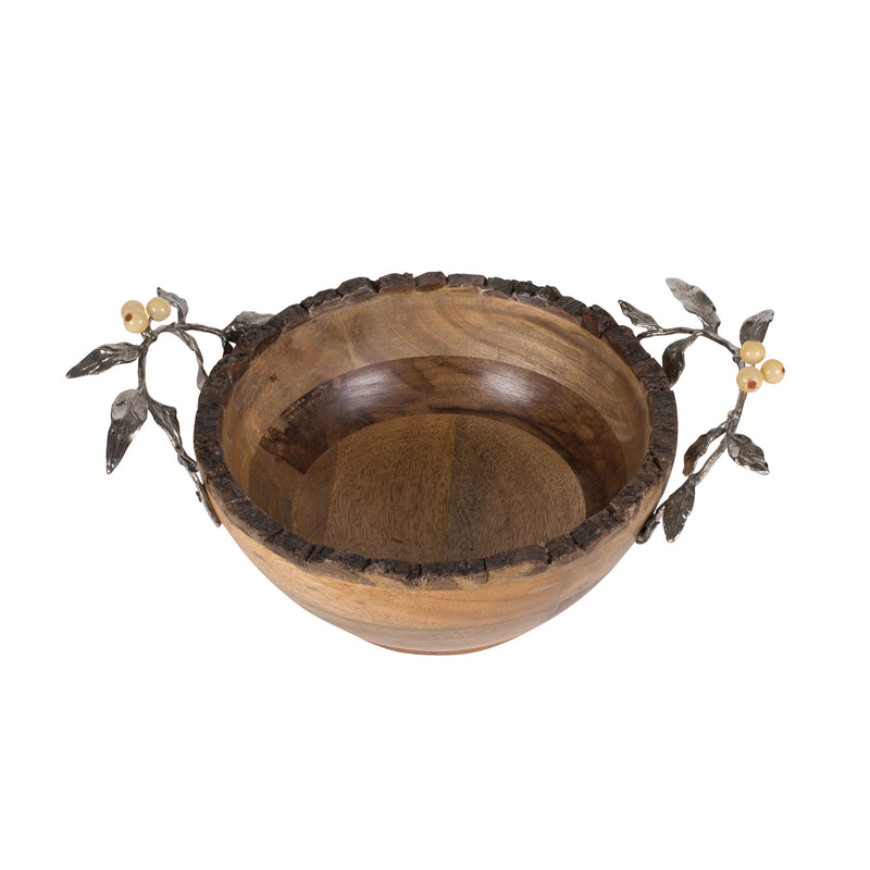 Fitz and Floyd Woodgrove serving bowl with carved dark rim and vine-and-berry side handles