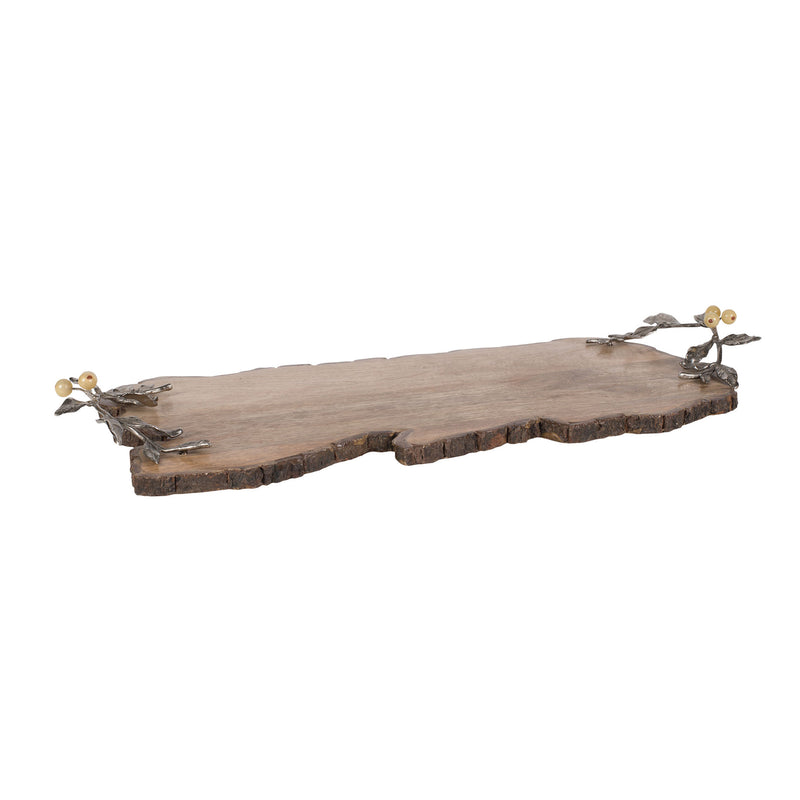 Wood serving board with bark-edged slab and metal branch-and-acorn corner accents