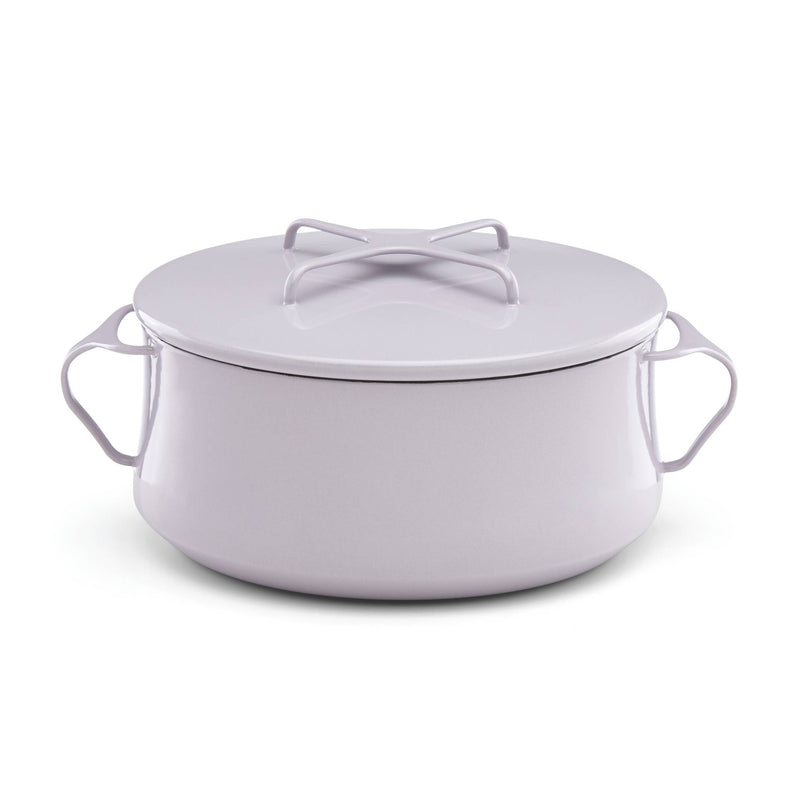 Lavender casserole pan with lid and side handles, metal lid grip