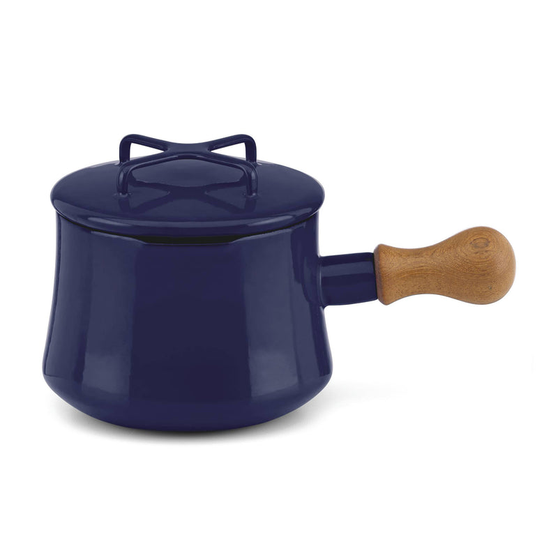 Dansk Kobenstyle hot chocolate pan in midnight blue with matching lid and wood handle