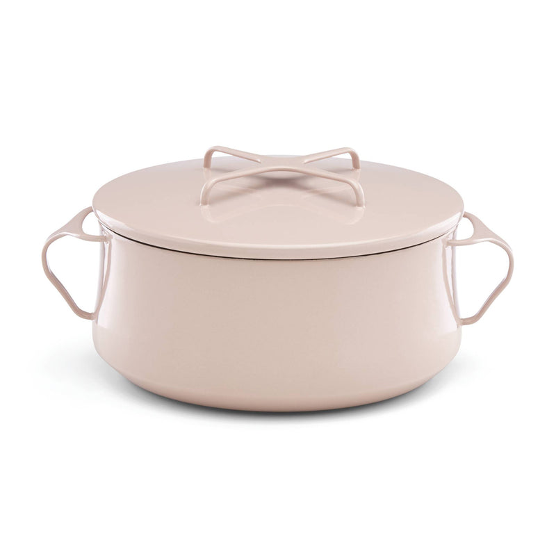 Pink ceramic casserole pot with lid, loop handles, and raised lid handle.