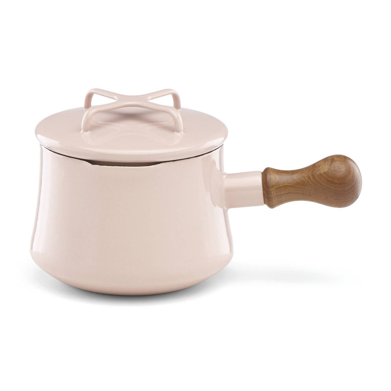 Pink ceramic hot chocolate pot with matching lid and wood handle