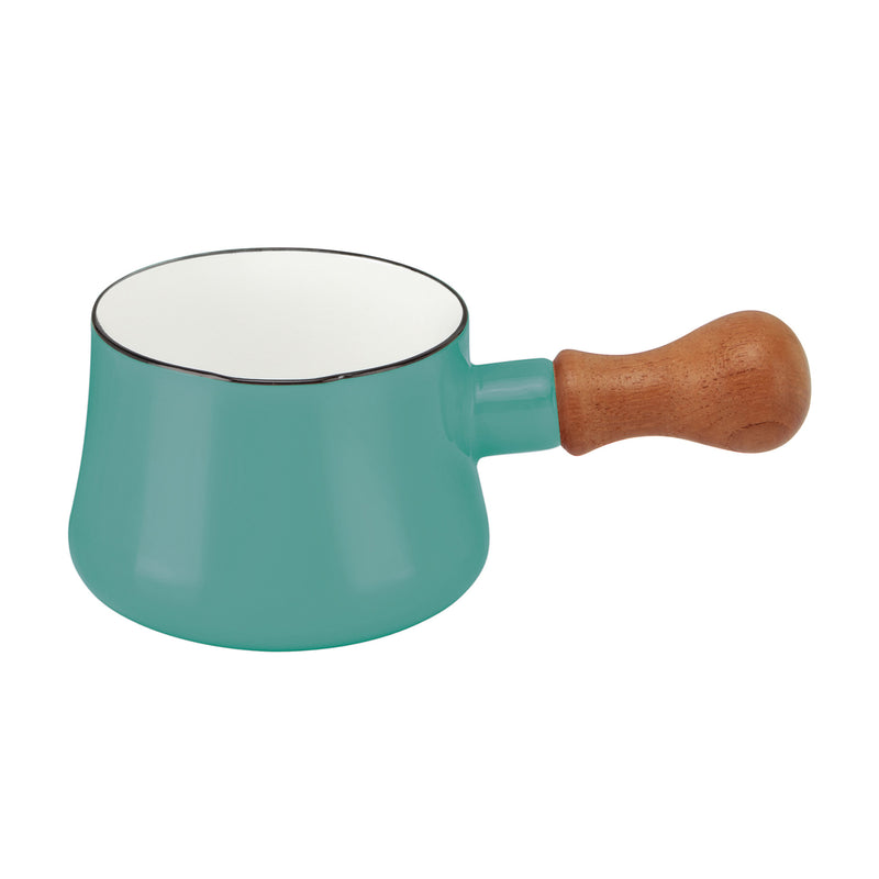 Teal ceramic butter warmer with white rim, small lid, and brown wooden handle