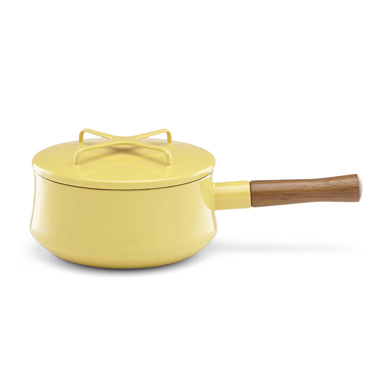 Dansk Kobenstyle yellow saucepan with lid, wood handle, loop lid handle
