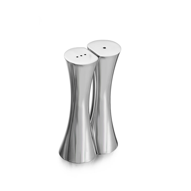 Nambe salt and pepper shaker set with two shiny stainless steel shakers, white tops