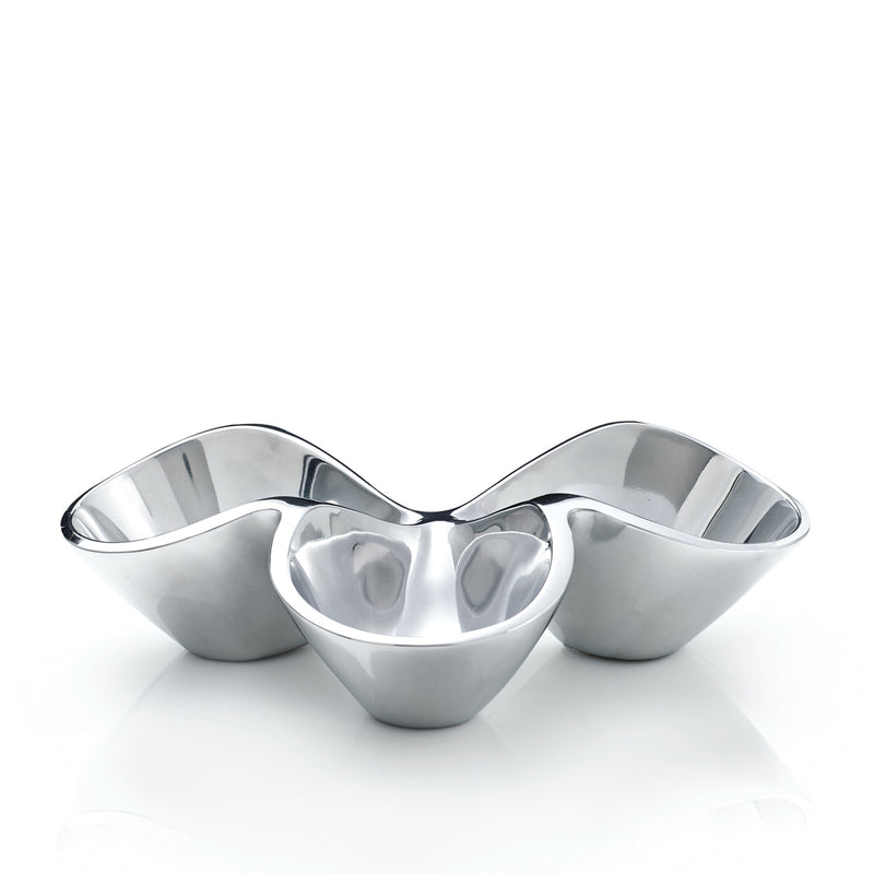 Nambe Bella triple condiment server with three polished stainless steel bowls and central flower
