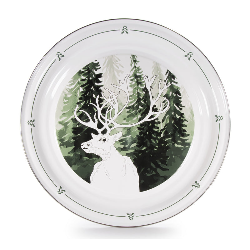 Large round decorative tray with forest deer scene and green foliage border
