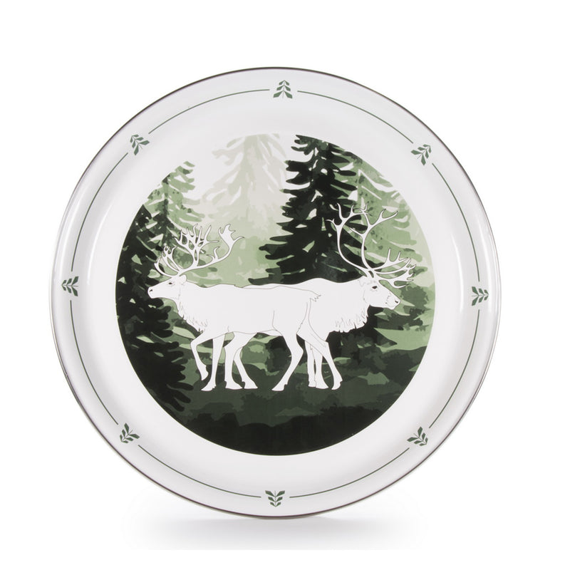 Round medium serving tray with forest design, white deer and pine trees on green and dark background