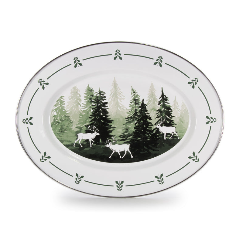Golden Rabbit Forest Glen oval platter with white base and green forest scene with deer