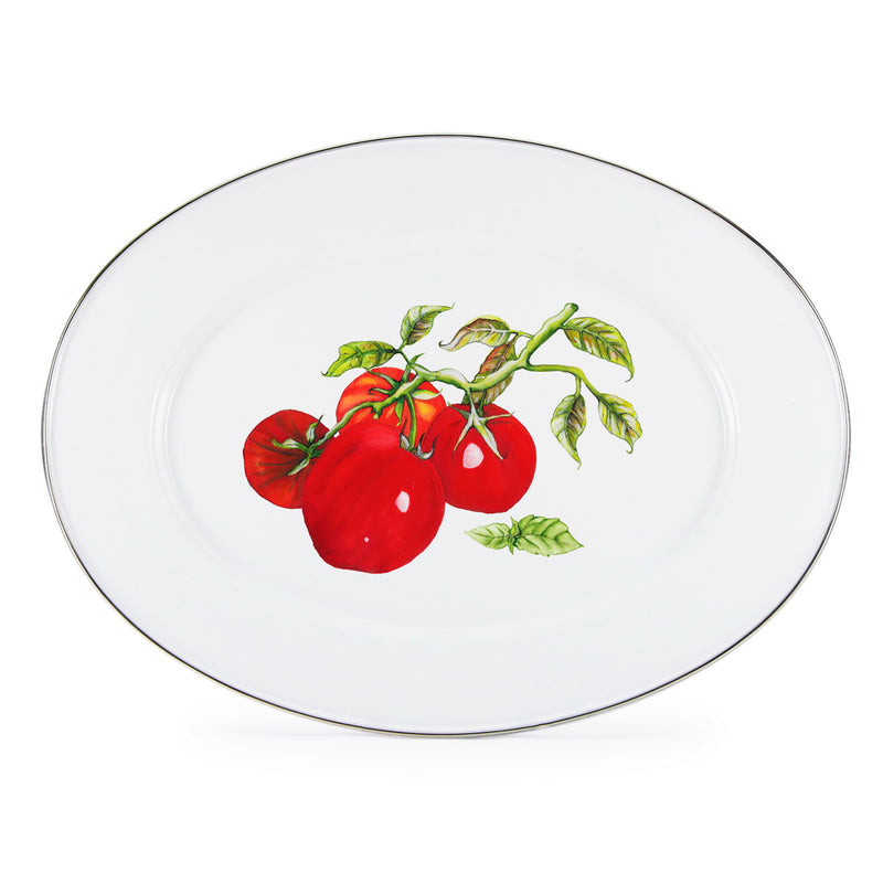 Golden Rabbit oval ceramic platter with red tomato and green leaf illustration