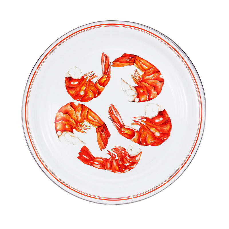 Large shrimp-themed tray with red and white circular border trim