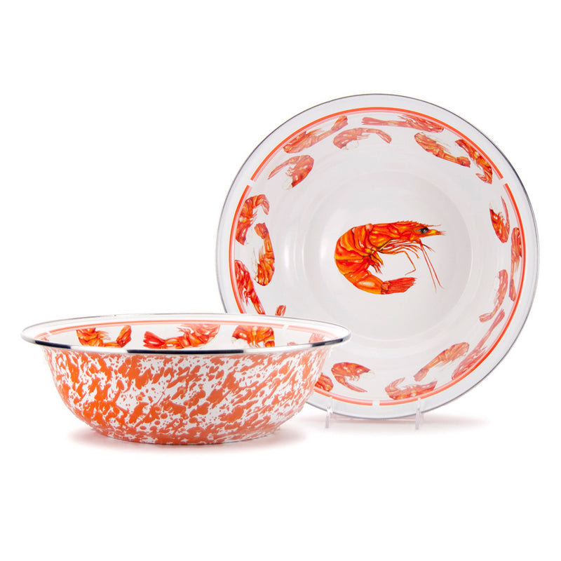 Shrimp-themed serving basin with white glaze and orange shrimp pattern