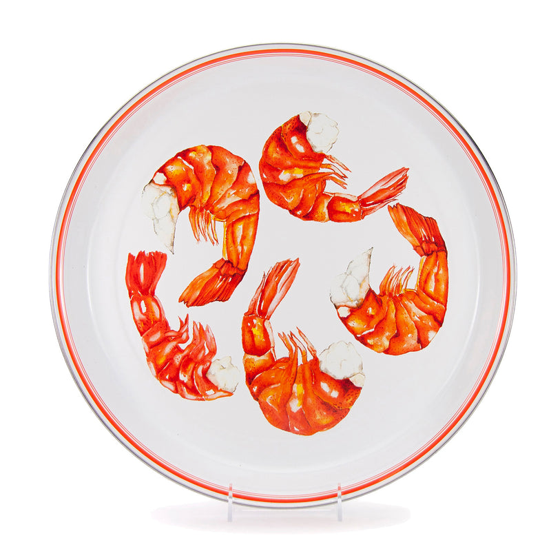 Golden Rabbit shrimp medium round tray, white with red/orange shrimp print and red rim