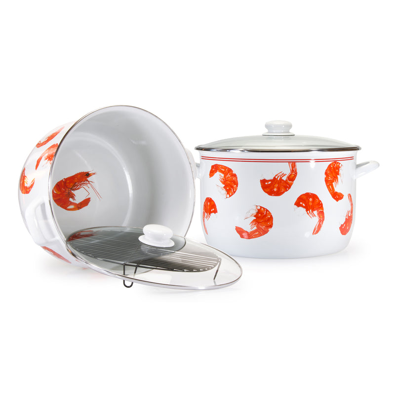 White shrimp-pattern 18-qt stock pot with matching lid and wire rack
