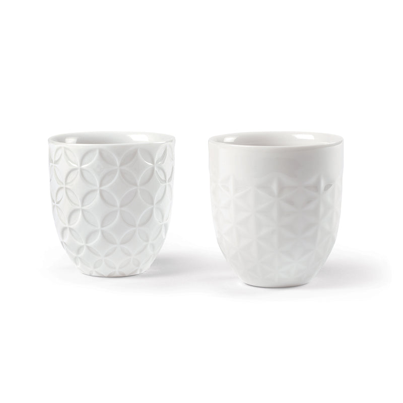 Porcelain sake cup set of 2, white with embossed geometric pattern.