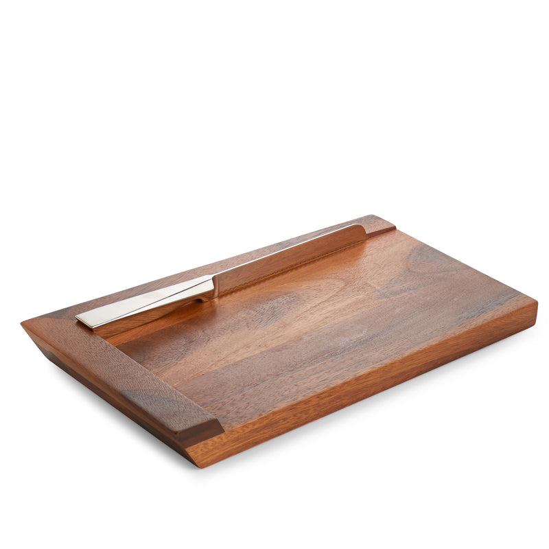Wooden geo challah board with included knife, rectangular serving tray.
