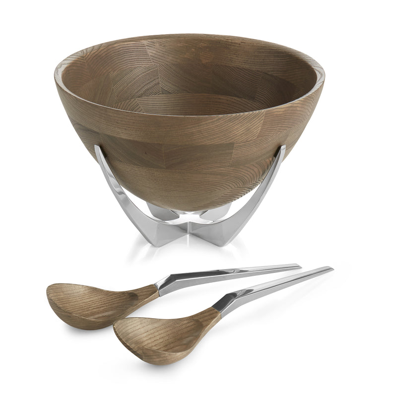 Wood salad bowl with metal base and matching serving spoons set