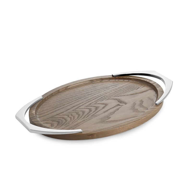 Nambe Cabo oval handled tray with metal handles and wood inlay, natural finish