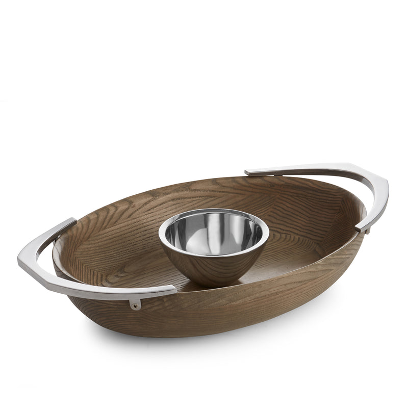 Nambe Cabo chip and dip platter with wood-toned oval tray and stainless dip bowl