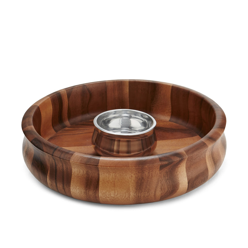 Wooden Nambe Nara chip and dip platter with central stainless steel dip bowl