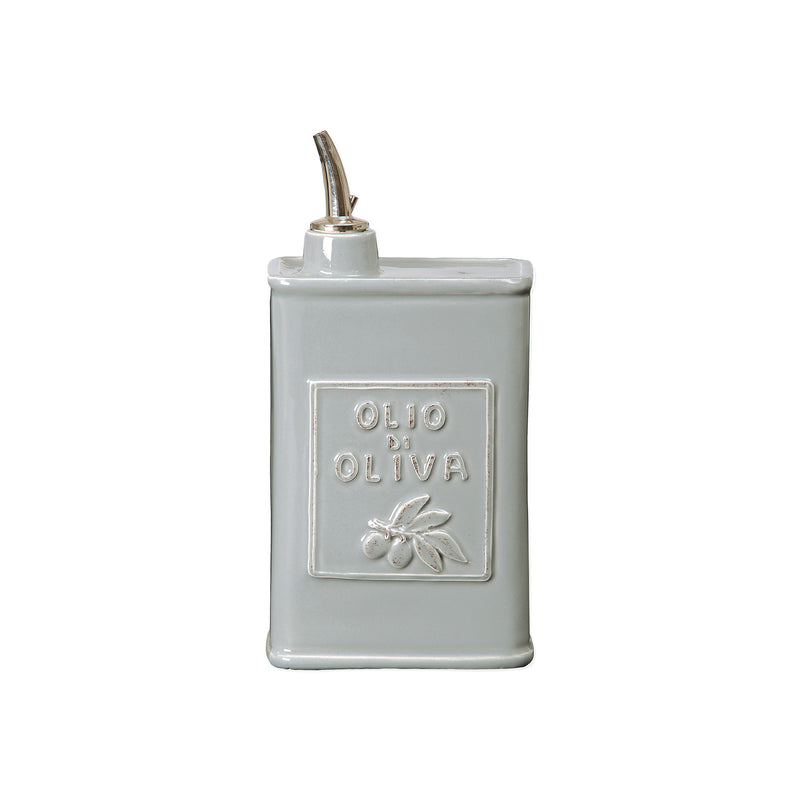 Gray ceramic olive oil canister with drip spout, Vietri Lastra Olio di Oliva label