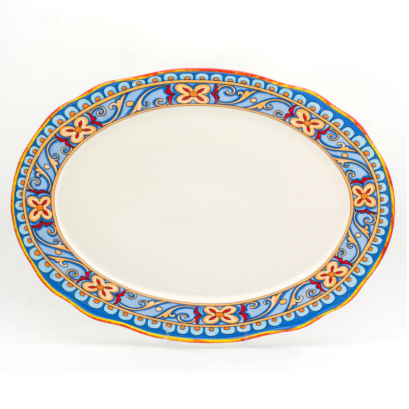 Renaissance oval ceramic platter with blue and orange floral border