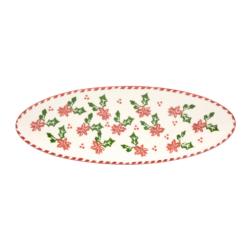Oval ceramic appetizer tray, white with red floral wreath pattern and red border.
