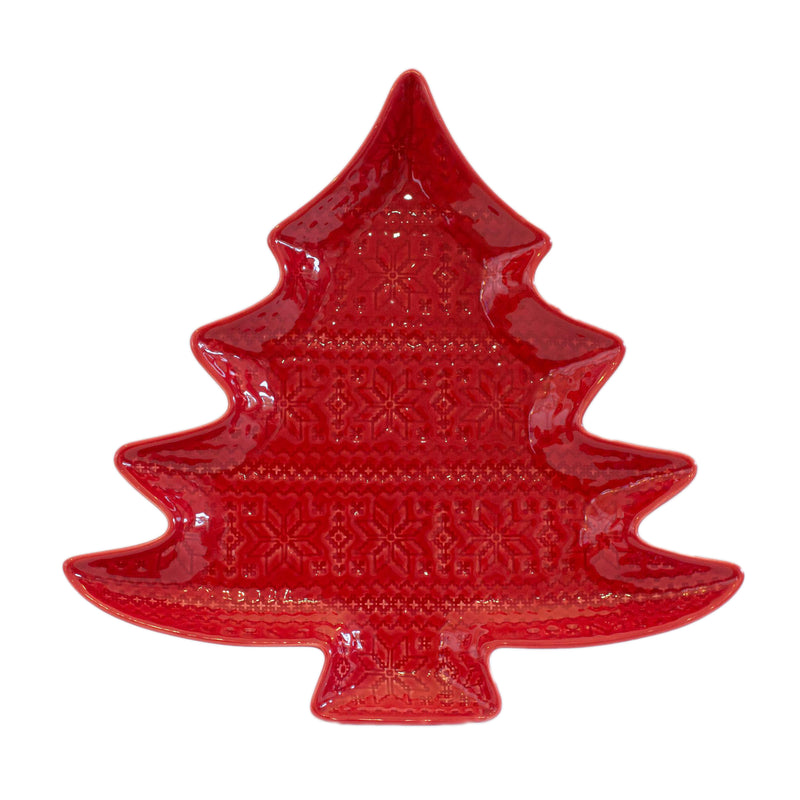 Euro Ceramica Natal Christmas tree-shaped ceramic platter, glossy red