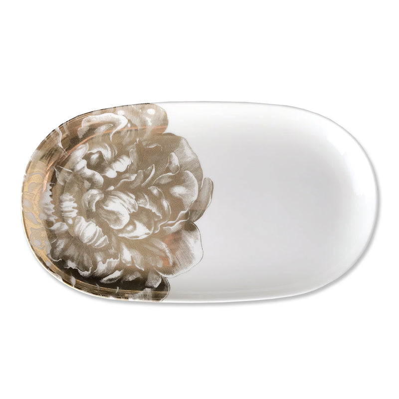 Caskata Peony Gold small oval porcelain platter with white body and gold floral rim