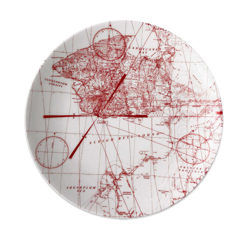 Porcelain coupe platter with white base and red holiday map-style illustration