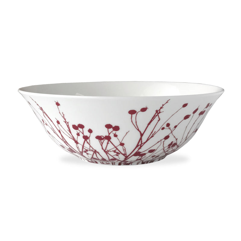 Porcelain medium serving bowl with red berry branch pattern and white interior