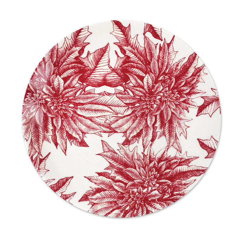 Porcelain coupe platter with red poinsettia and leaf pattern on white