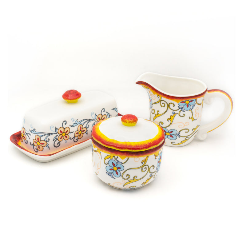 Renaissance ceramic serveware set of 3 with colorful floral pattern