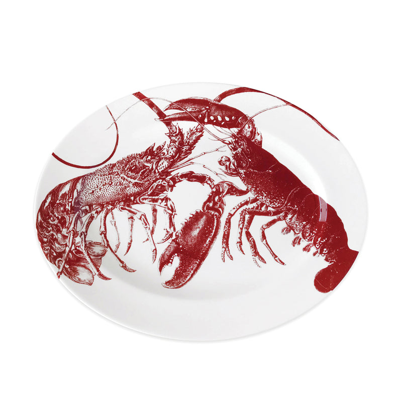 Large oval porcelain platter with red lobster illustration on white background