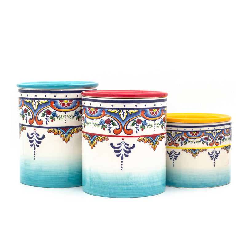 Ceramic canister set of 3 with blue-white gradient and colorful patterned lids