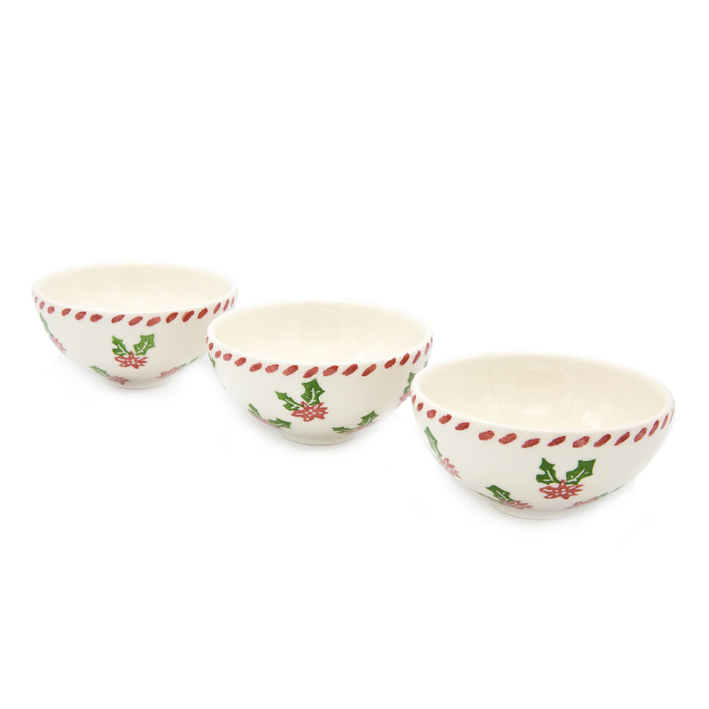 Set of 3 ceramic dipping bowls, white with red holly and green leaf pattern