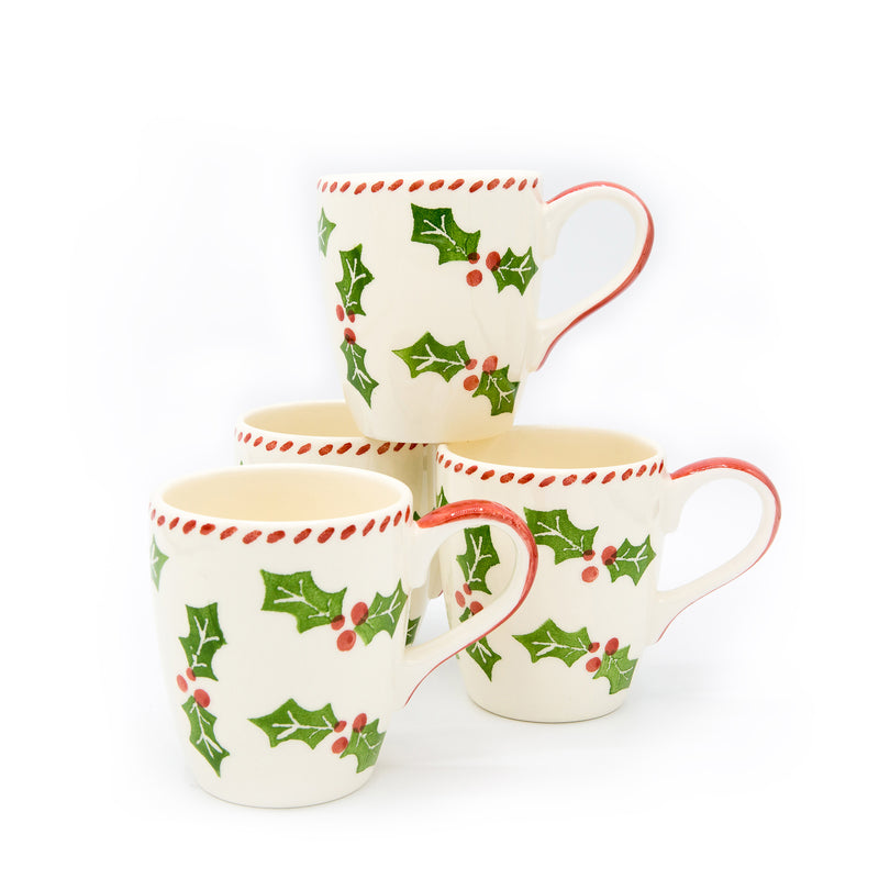 Euro Ceramica set of four ceramic mugs, white with green holly and red trim
