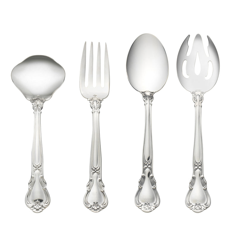 Gorham Chantilly sterling silver serveware set, four ornate utensils with raised patterns
