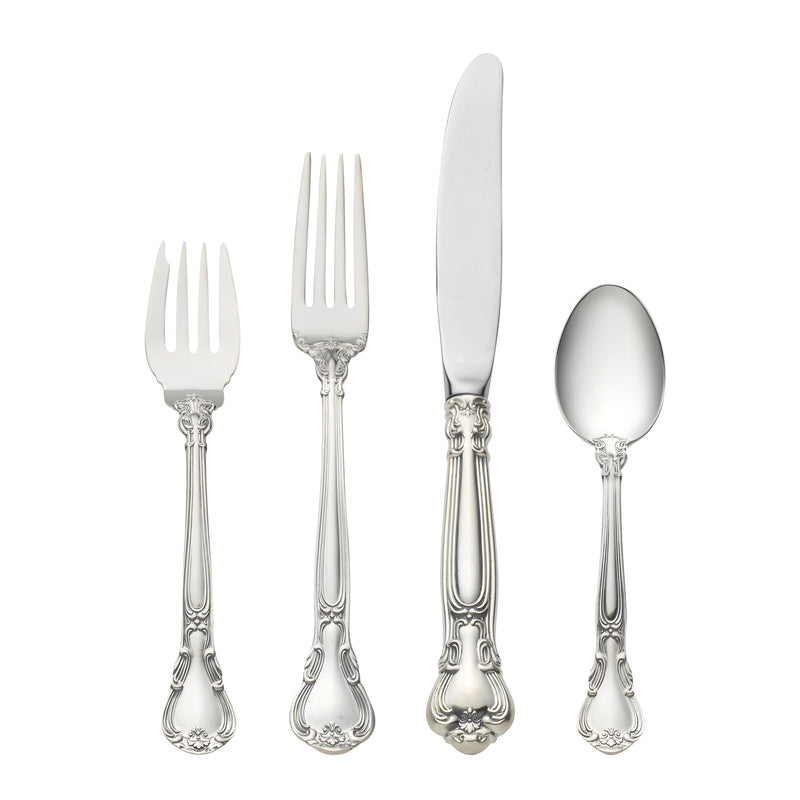Gorham Chantilly sterling silver flatware set with ornate handles, four-piece place setting