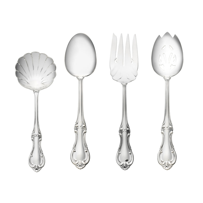 Sterling silver serving utensils set with ornate leaf handles and scalloped bowl ends