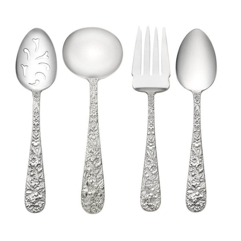 Sterling silver repousse serving utensils set of four