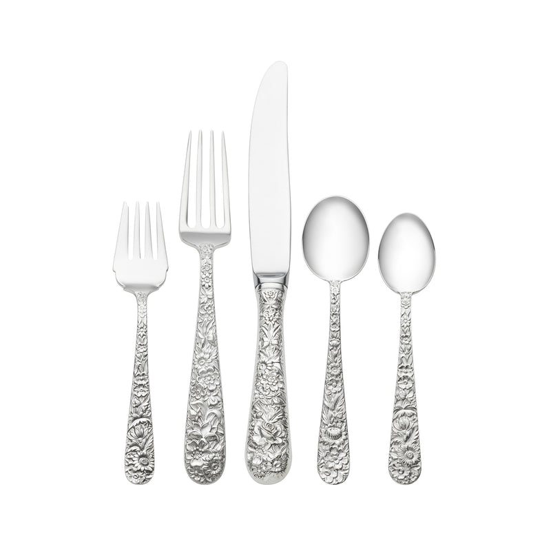 Repousse sterling silver 5-piece dinnerware set with embossed handles