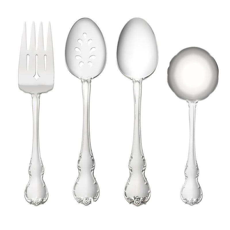 Sterling silver French Provincial serve utensils: fork and three spoons