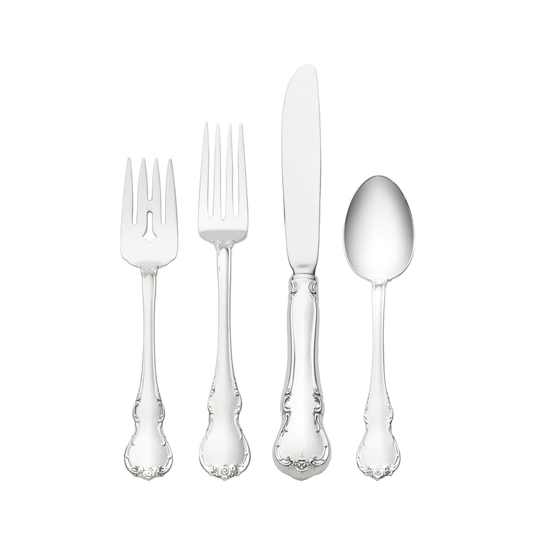 Sterling silver place setting utensil set with ornate scroll handles