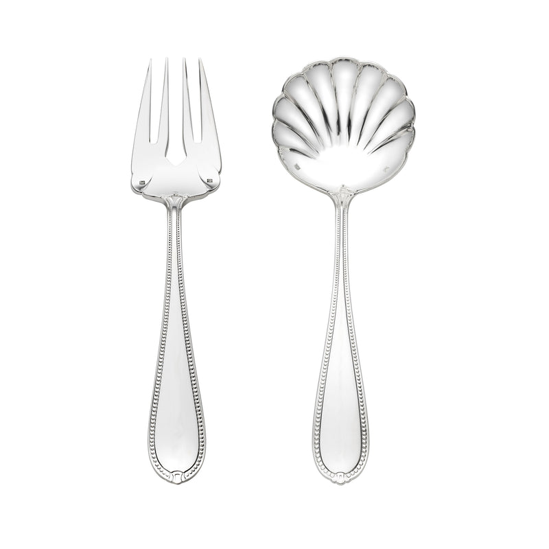 Sterling silver shell-shaped serving spoon and fork with beaded handle