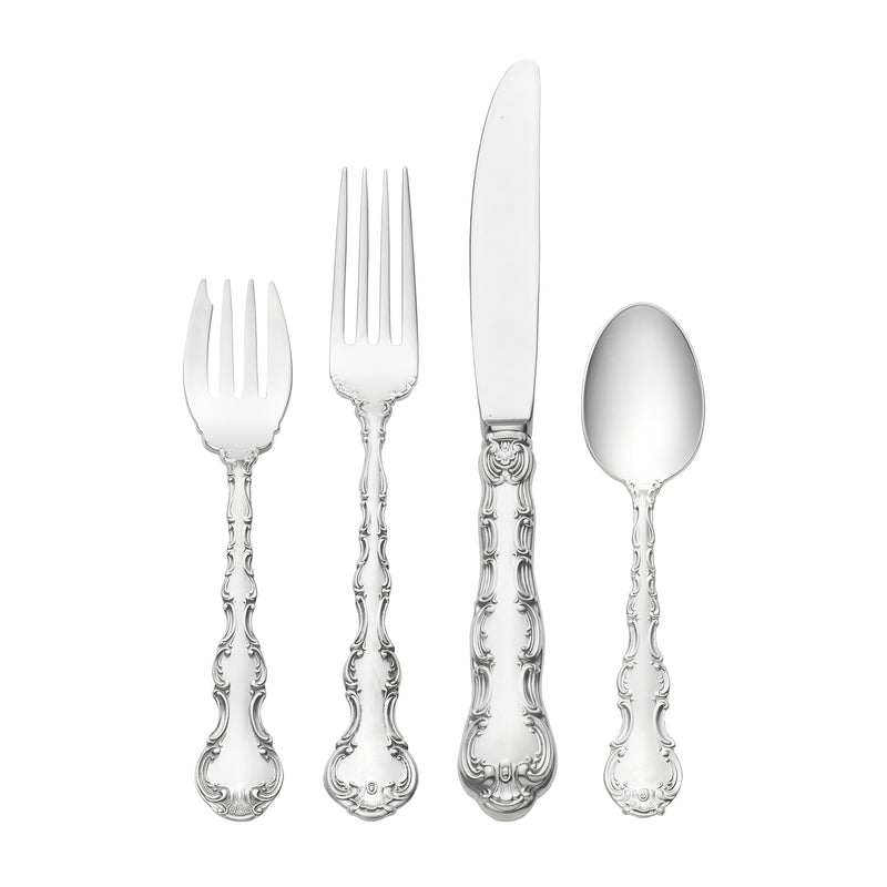 Gorham Strasbourg sterling silver flatware place setting, ornate scroll handles