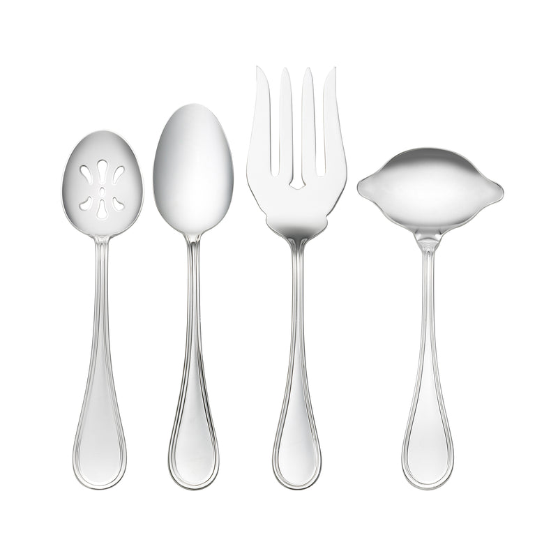 Sterling silver serving utensils, four-piece set with fork, spoon, and ladle shapes