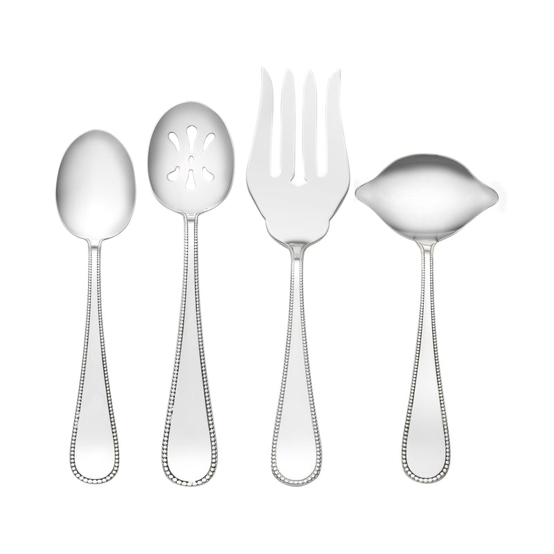 Sterling silver serveware set of four ornate serving utensils with beaded handles