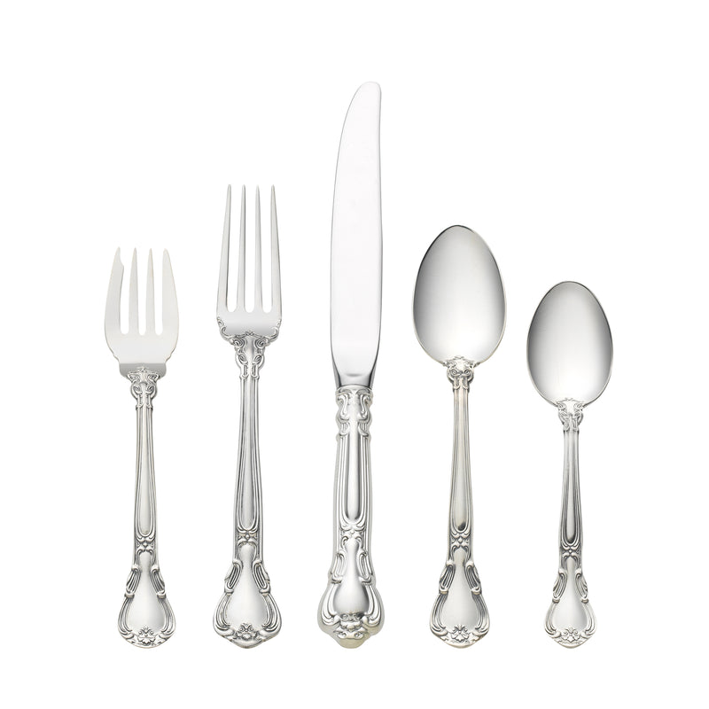 Gorham Chantilly sterling silver flatware set pieces with ornate handles, service for 8.